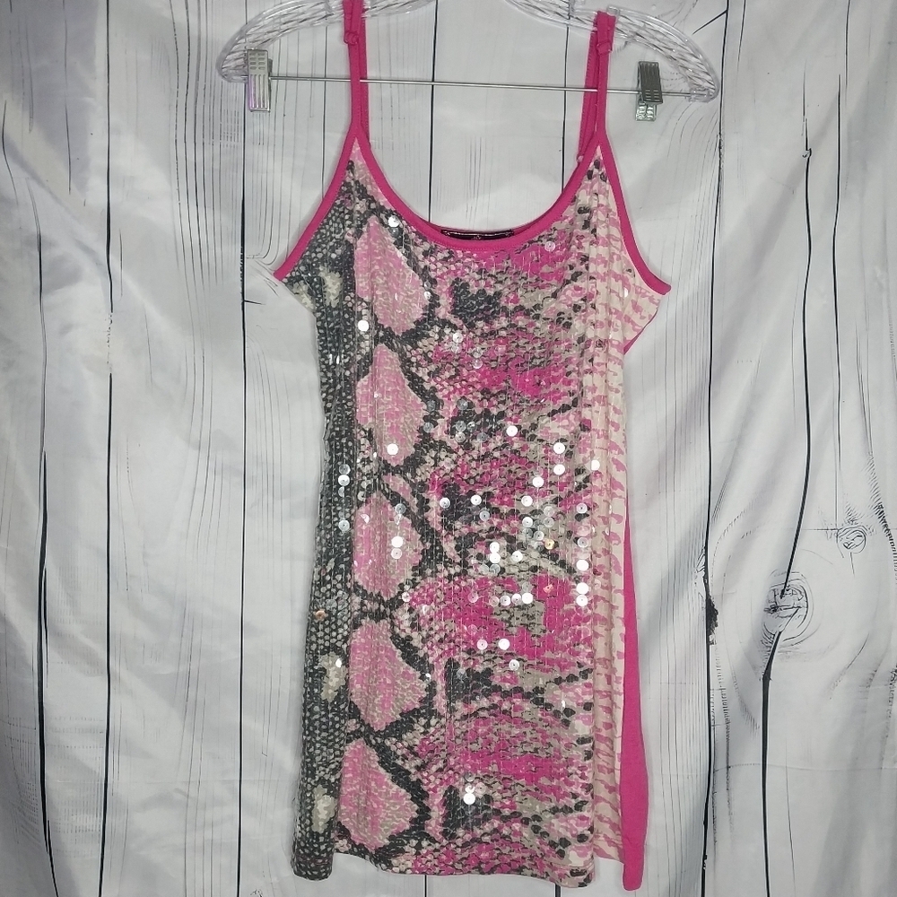 Almost Famous Pink and Silver Sequin Snakeskin Print Y2K Spaghetti Strap Top - Picture 1 of 8